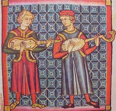 medieval painting of two types of guitars from the 13th century