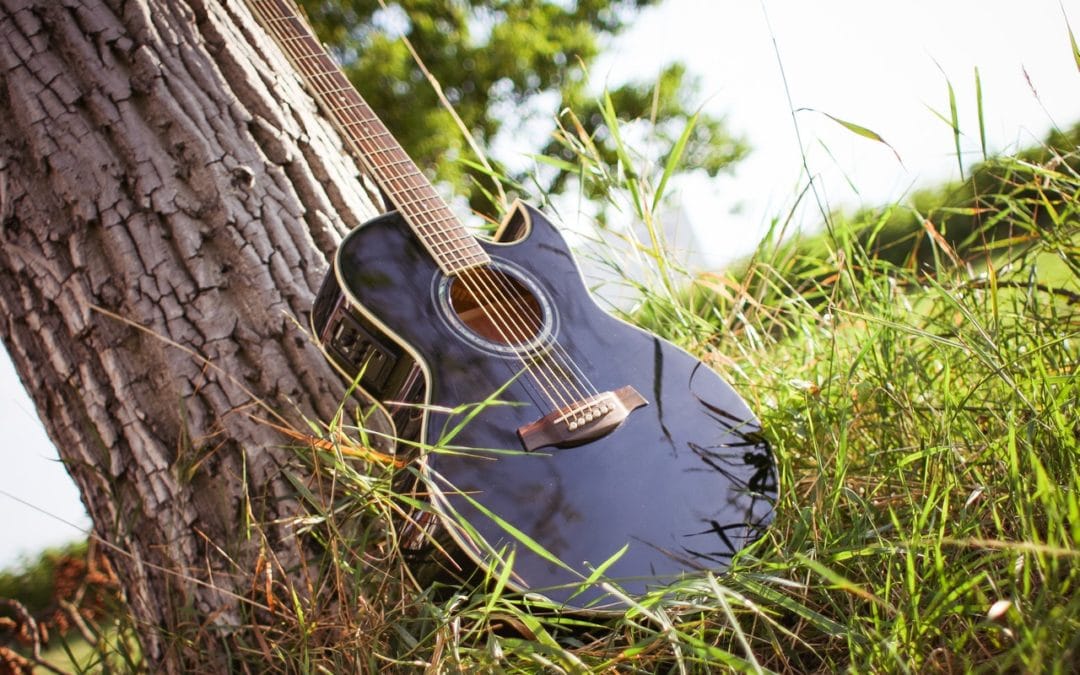 Black guitar leaning on a tree